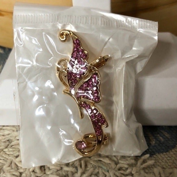 Butterfly Rhinestone Ear Cuff Clip On Gold & Pink NEW - Picture 4 of 6